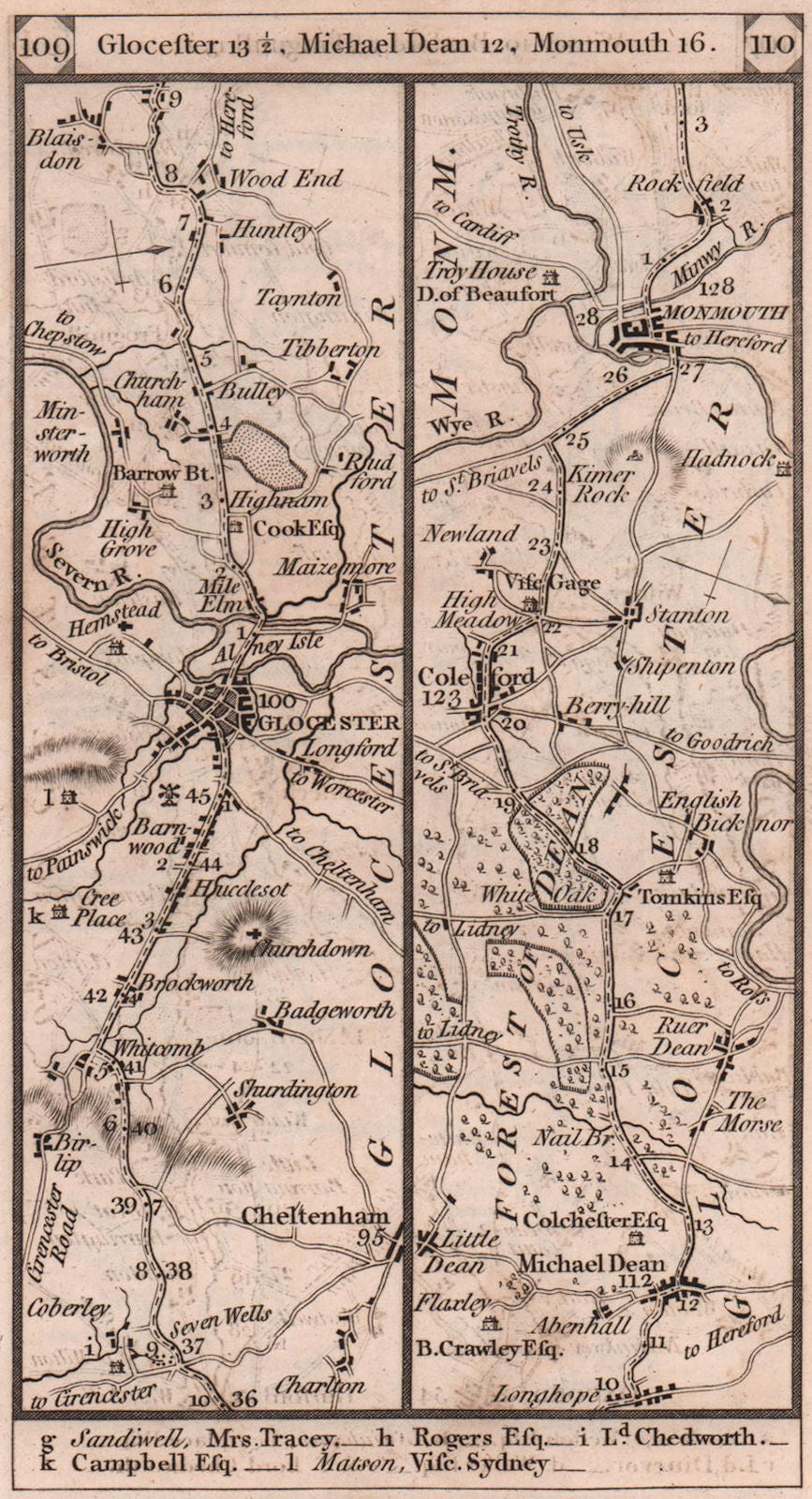Cheltenham - Gloucester - Coleford - Monmouth road strip map PATERSON 1803